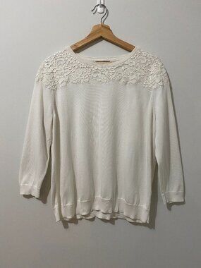 Lands' End White Floral Lace Cotton Blend Sweater Classic Preppy Coastal Knit